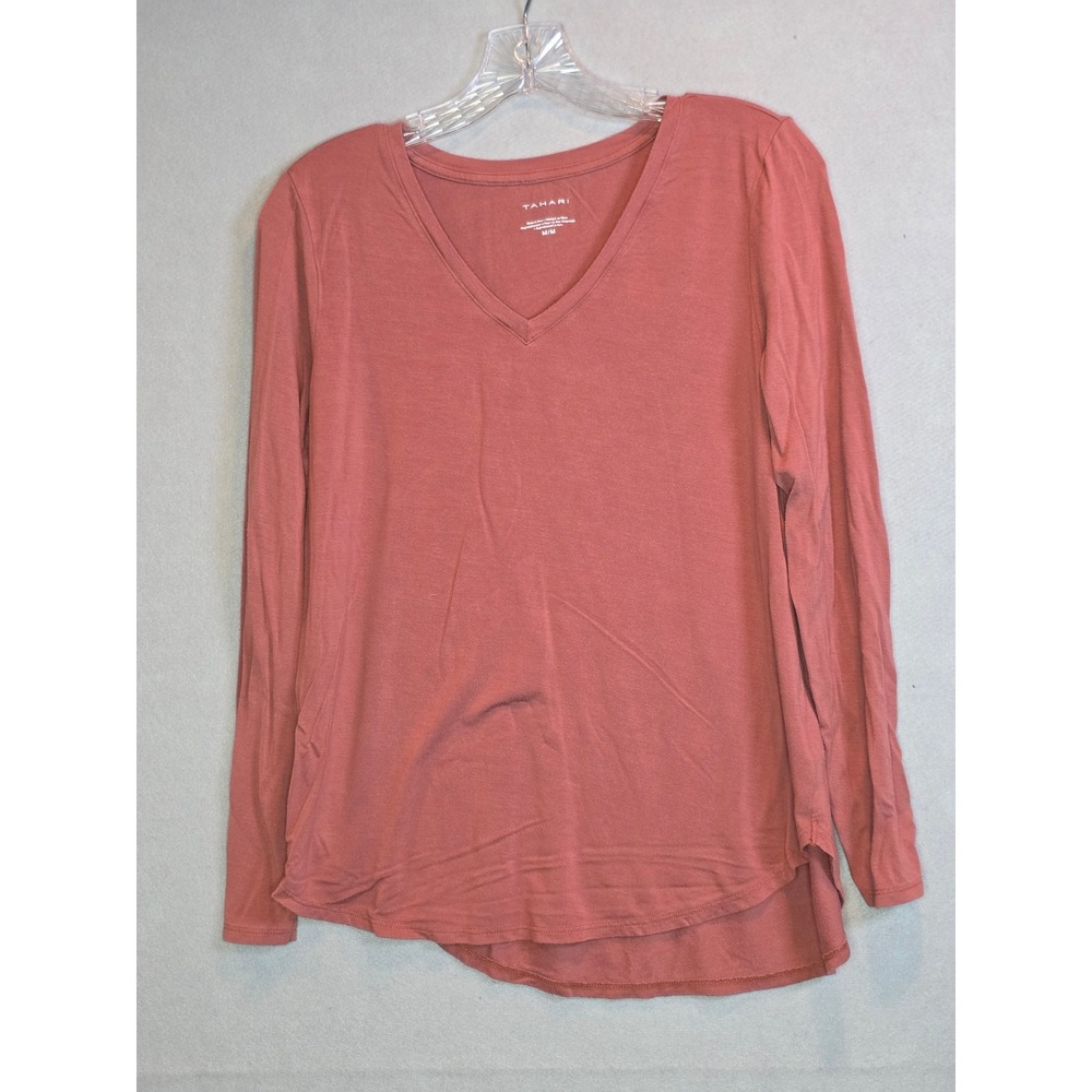 Tahari Womens Long Sleeve V-Neck Modal Blend Top Terracotta Rose Size M